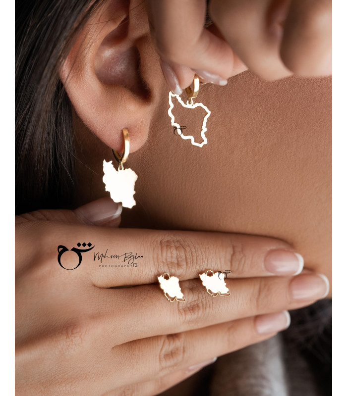 گوشواره حلقه ای طلا طرح ایران پر و خالی-گالری شیدا مجد