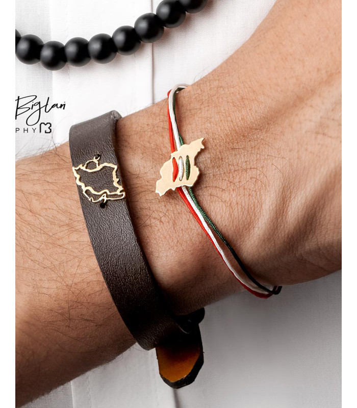 مردانه دستبند نقشه ایران چرم قهوه ای پهن- گالری شیدا مجد